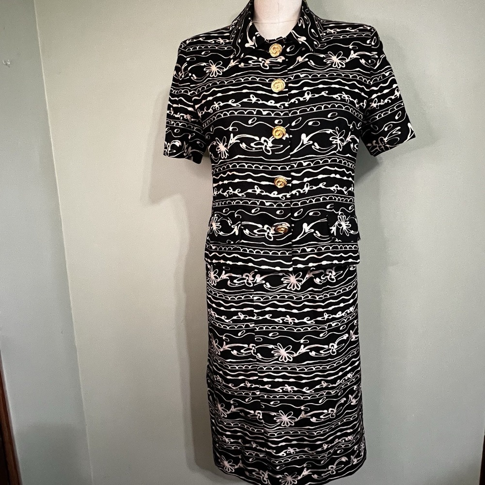 Vintage Rickie Freeman Teri Jon Linen Jacket Silk Skirt Suit Set Geometric sz.8